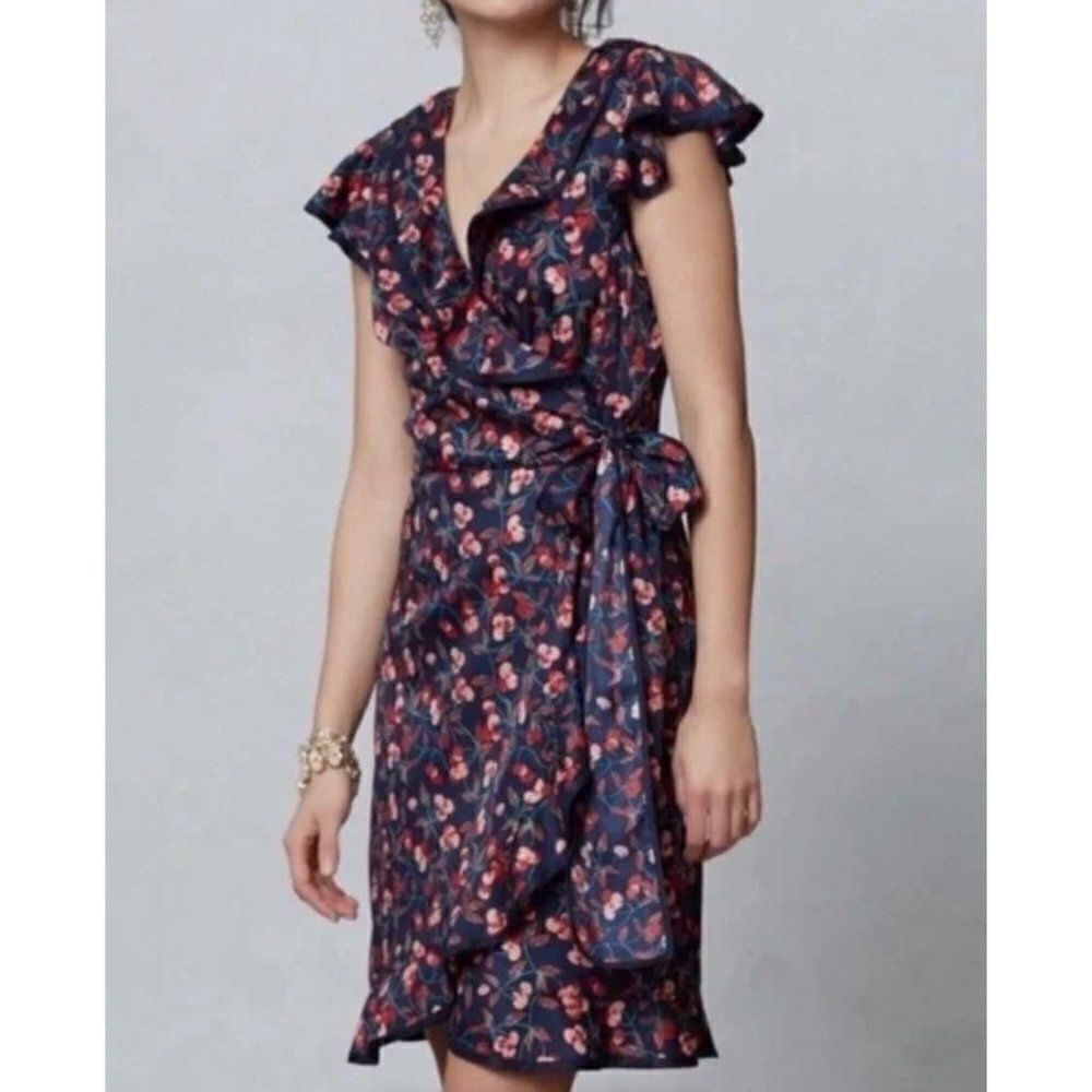Hi There by Karen Walker Multicolored Cherry Print Faux Wrap Dress Size 6